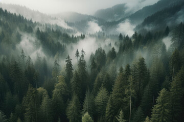 dense forest with thick layer fog covering trees