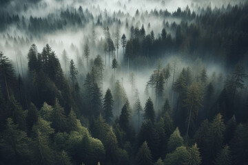 forest with trees covered in mist - obrazy, fototapety, plakaty