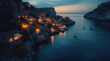 A tranquil coastal village with lit houses nestled by cliffs at dusk.
