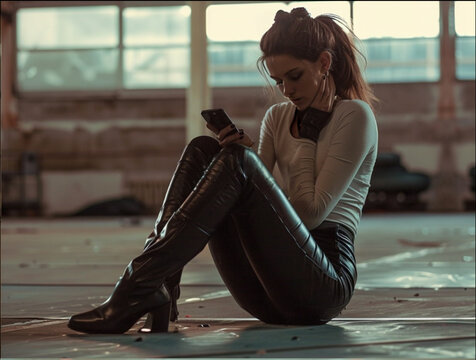 A stunning photo of a pensive young woman dressed in tight leather pants, sitting on the dance floor with her hips pressed to her head and looking at her phone. Wireless technology