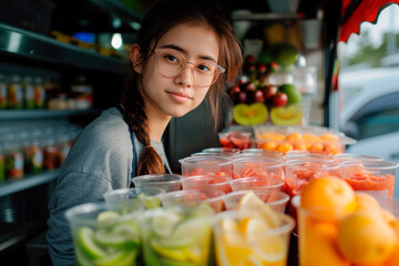 Young Asian girl selling smoothies and juices for takeaway in food truck, small business concept