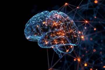Brain with glowing neural synapses and luminous neural network as science, memory development, and artificial intelligence. Potential of human mind, advancements in technology and AI research concept.