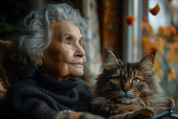 close up portrait senior elderly very old sad woman with domestic cat feeling lonely at poor room...