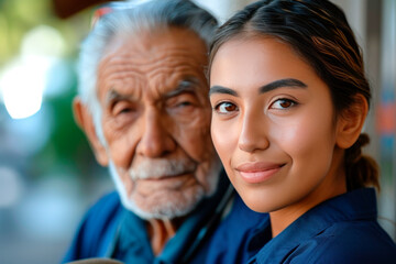 Portrait of a Latin young woman next to an older Latin man. The concept of caring for mature people, social and medical assistance to the elderly population