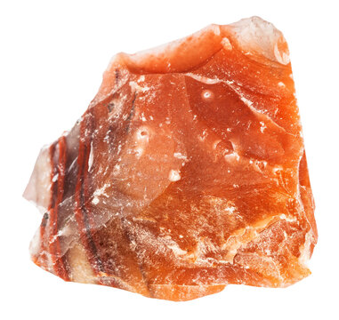 close up of sample of natural stone from geological collection - unpolished red chalcedony mineral isolated on white background from Jambul, Kazakhstan