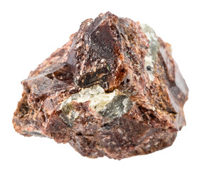 close up of sample of natural stone from geological collection - rough eudialyte mineral isolated on white background from Kola Peninsula