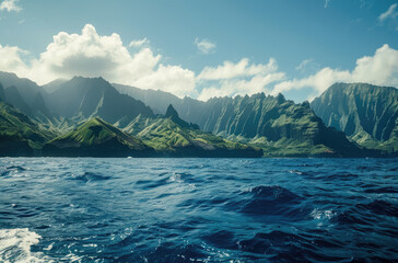 Fototapeta na wymiar A view of the Napali Coast mountain range on Kauai island in Hawaii, with lush green cliffs and blue ocean water