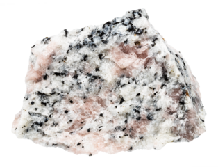 close up of sample of natural stone from geological collection - unpolished miaskite with pink cancrinite mineral isolated on white background from Southern Urals