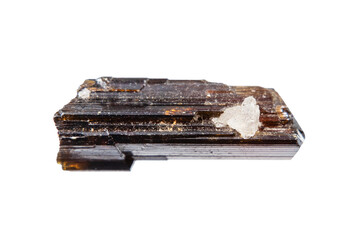 close up of sample of natural stone from geological collection - raw rutile crystal isolated on white background from Brazil