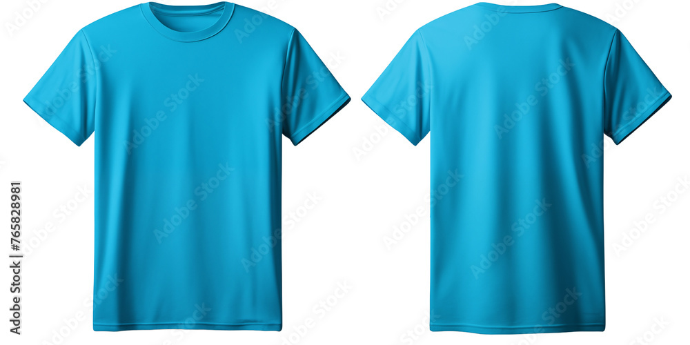 Wall mural front and back view of plain Sky blue t-shirt template mockup,  on transparent background.