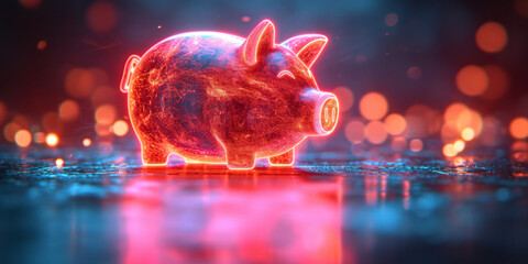 A radiant neon piggy bank on a blue cybernetic background