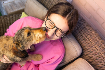 view from above of a small purebred wirehaired dachshund licking its owner's face. It's a loving wet pet kiss