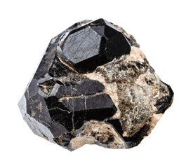 close up of sample of natural stone from geological collection - raw black spinel crystal on black...