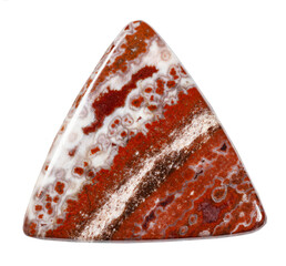 close up of sample of natural stone from geological collection - triangular cabochon from breccia jasper mineral isolated on white background - 765829343