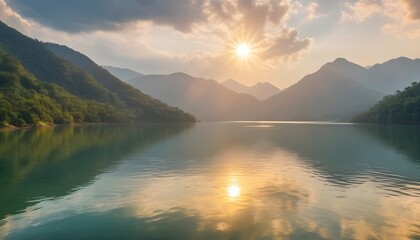 Beautiful nature landscape sun shines bright golden in the cloud reflect yellow light on the sky and water surface tropical lake in summer mountain background - Powered by Adobe