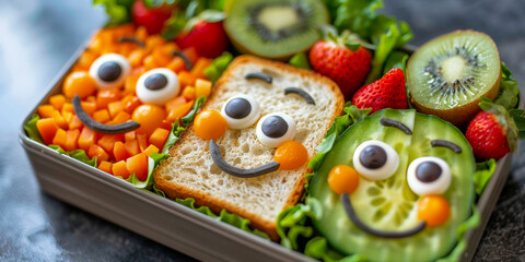 Whimsical Kids Lunchbox with Fruit and Vegetable Smile Faces