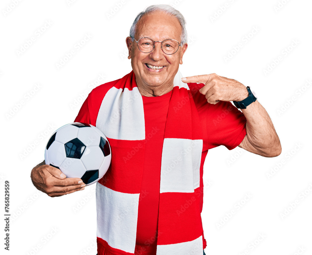 Canvas Prints senior man with grey hair football hooligan holding ball smiling cheerful showing and pointing with 