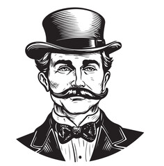 Portrait of gentleman with mustache in top hat sketch engraving vector illustration. T-shirt apparel print design. Scratch board imitation. Black and white hand drawn image. - obrazy, fototapety, plakaty