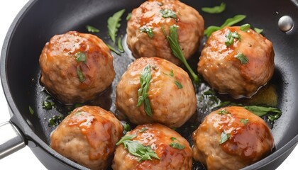 cooked chicken diet meatballs in a frying pan, isolated on a white background - obrazy, fototapety, plakaty