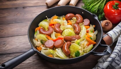 cooked fried cabbage with vegetables and sausages, in a frying pan