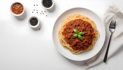 Cooked spaghetti bolognese over white texture background