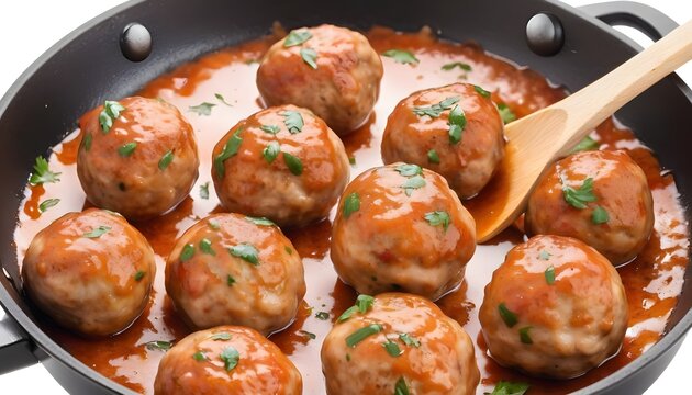 Cooked Chicken Diet Meatballs In A Frying Pan, Isolated On A White Background