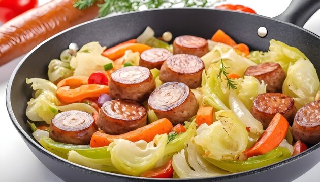 cooked fried cabbage with vegetables and sausages, in a frying pan on white background
