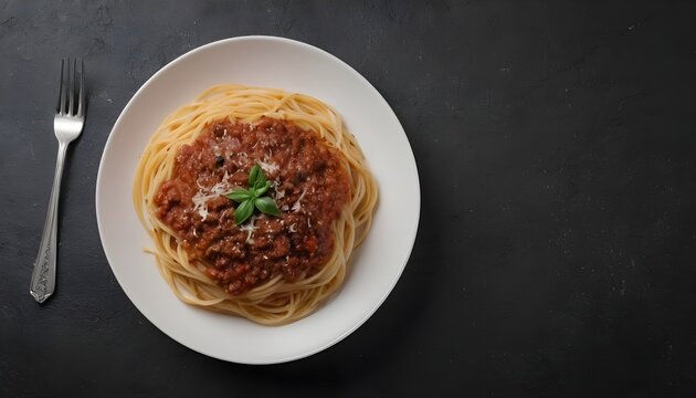Cooked spaghetti bolognese served with black pepper and salt in white ceramic plate over dark texture background