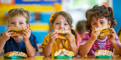 Joyful Children Enjoying Sandwiches at Preschool Lunchtime