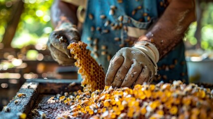 Beekeeper removing honeycomb from beehive. Person in beekeeper suit taking honey from hive. Farmer wearing bee suit working with honeycomb in apiary. Beekeeping in countryside. Organic farming.