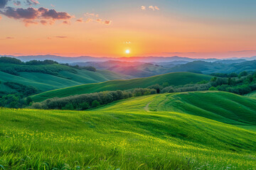 Captivating view of lush green hills bathed in sunset light, with a scenic sunburst and clear - obrazy, fototapety, plakaty