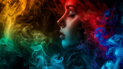 Fototapeta na wymiar portrait of a woman face with a smoke, abstract woman face in the dark smoke, smoke background