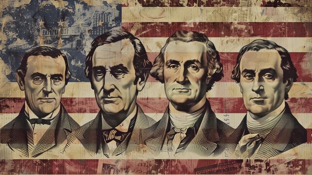 Happy Presidents Day Concept with the US national Flag against a collage of four American Presidents portraits cut of Dollar bills