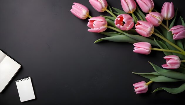 Flat lay of pink tulips flowers with blank notebook. World Health Day or Mother's day concept