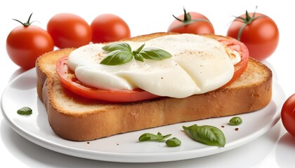 Fototapeta na wymiar fried hot toast with mozzarella and tomatoes on white background