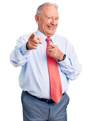 Senior handsome grey-haired man wearing elegant tie and shirt pointing fingers to camera with happy...