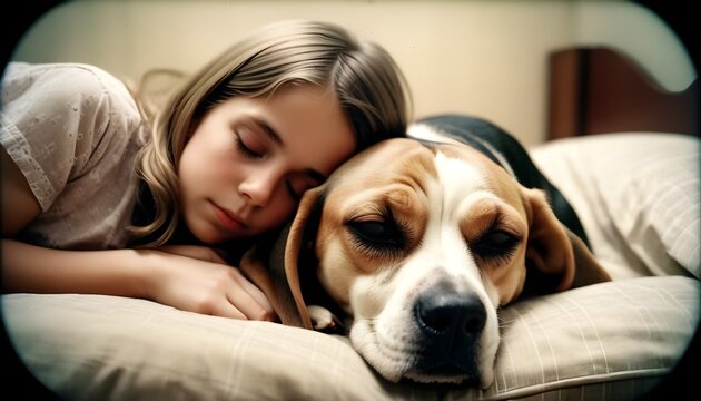 Girl and beagle dog sleep together. Girl hugs a dog. Home pet