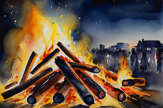 Vibrant watercolor painting capturing the essence of a large bonfire at night.