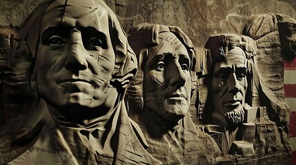Mount Rushmore Presidents on Plaster Wall with Usa Flag - obrazy, fototapety, plakaty