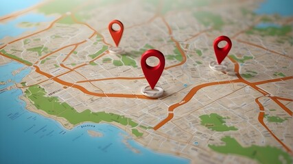 Travel location on a 3D map. Map locater mark, location pin, or navigation symbol sign with search...