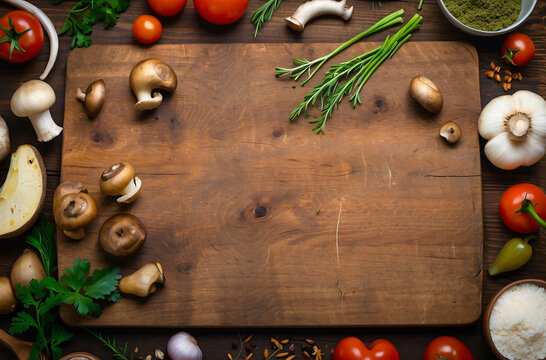 Food cooking background, ingredients for preparation vegan dishes, vegetables, roots, spices, mushrooms and herbs. Old cutting board. Healthy food concept. Rustic wooden table background, top view. ai