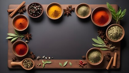 Spices and herbs on a board