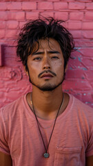 Portrait of Asian attractive man against background of pink brick wall