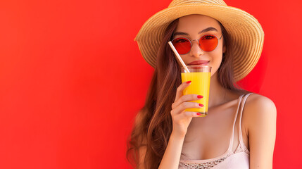 Mujer joven con un gorro disfrutando de un zumo de naranja