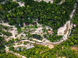 Aerial drone view small Koh Ma island, Ko Phangan Thailand. Exotic coast panoramic landscape, Mae Haad beach, summer day. Sandy path between corals. Vivid seascape, mountain coconut palms from above.