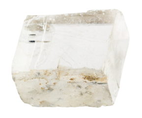 close up of sample of natural stone from geological collection - unpolished transparent iceland spar mineral isolated on white background from Krasnoyarsk Krai