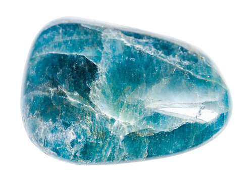 close up of sample of natural stone from geological collection - tumbled blue apatite mineral isolated on white