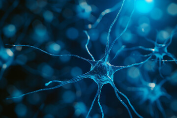 Illustration brain cell. Close up of neuron cell on blue background.