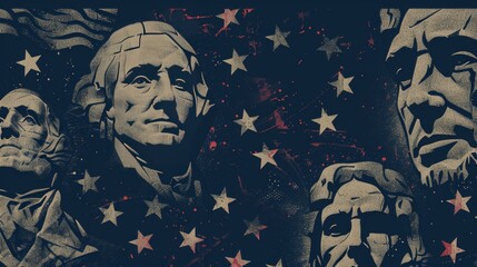 Presidents day background dark blue vector - USA Rushmore Presidents illustration, stars and stripes texture background