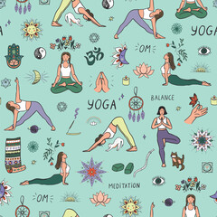 Yoga meditation elements vector seamless pattern. - 765831708